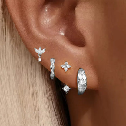 4PCS Fashion Stainless Steel Zirconia Star Huggie Hoop Earrings Set for Women Curious Pendant Flower Ear Stud Piercing Jewelry