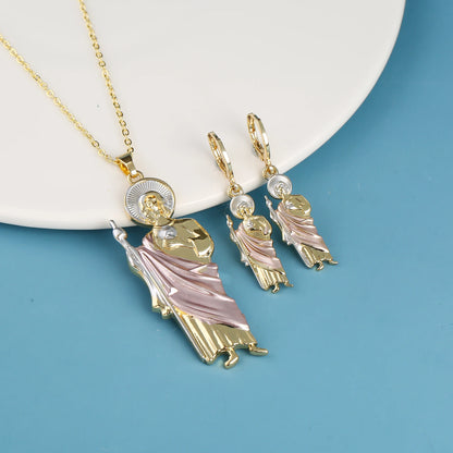 18K Gold Plated Religious Figures St. Jude Necklace Earrings Jewelry Set Simple for Woman Christian Catholic Jewelry Daily Wear