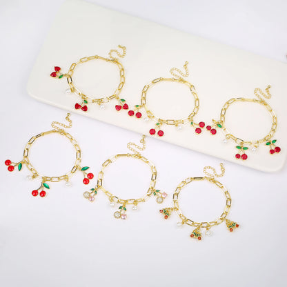 17 Colors Gold Plated Fruit Cherry Crystal Zirconia Adjustable Pearl Bracelet Luxury for Women Girls Casual Daily Party Jewelry