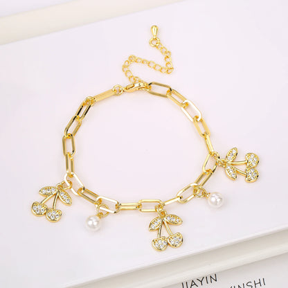 17 Colors Gold Plated Fruit Cherry Crystal Zirconia Adjustable Pearl Bracelet Luxury for Women Girls Casual Daily Party Jewelry