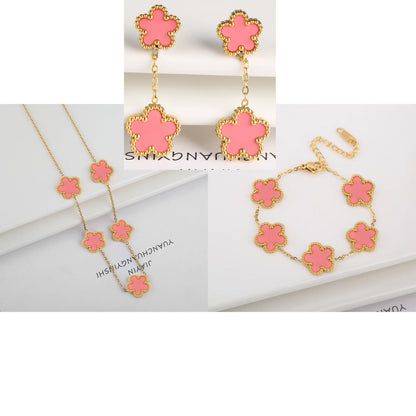 3Pcs Luxury Stainless Steel Five Leaf Flower Jewelry Set Bracelet Necklace Earrings Classic for Women Daily Party Jewelry Clover