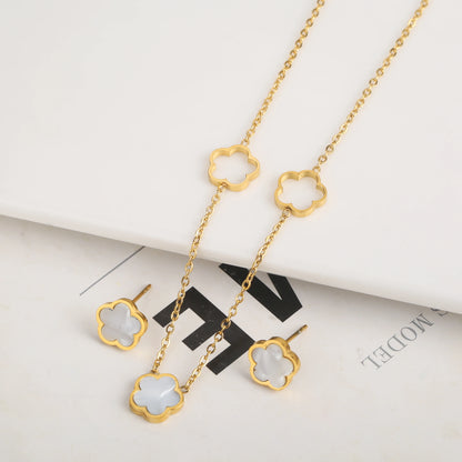 3pc New Design Single-Sided Plant Five Leaf Flower Hollow Bracelet Necklace Earring Set Stainless Steel Women's Clover