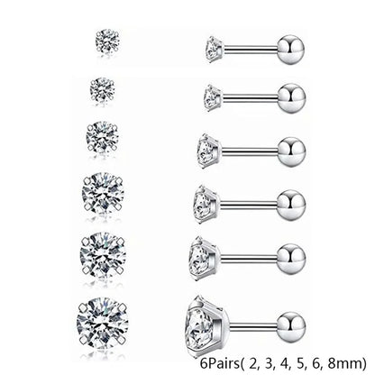 2/6/12pcs 20G Inlaid Cubic Zirconia Stud Earrings,Stainless Steel Screw Back Barbell Studs Daith Tragus Cartilage Earrings