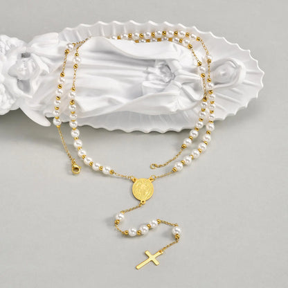 Imitation Pearl Beaded Chain Holy Virgin Mary Y-Shaped Necklace, Stainless Steel Cross Pendant Necklace,Religious Prayer Jewelry