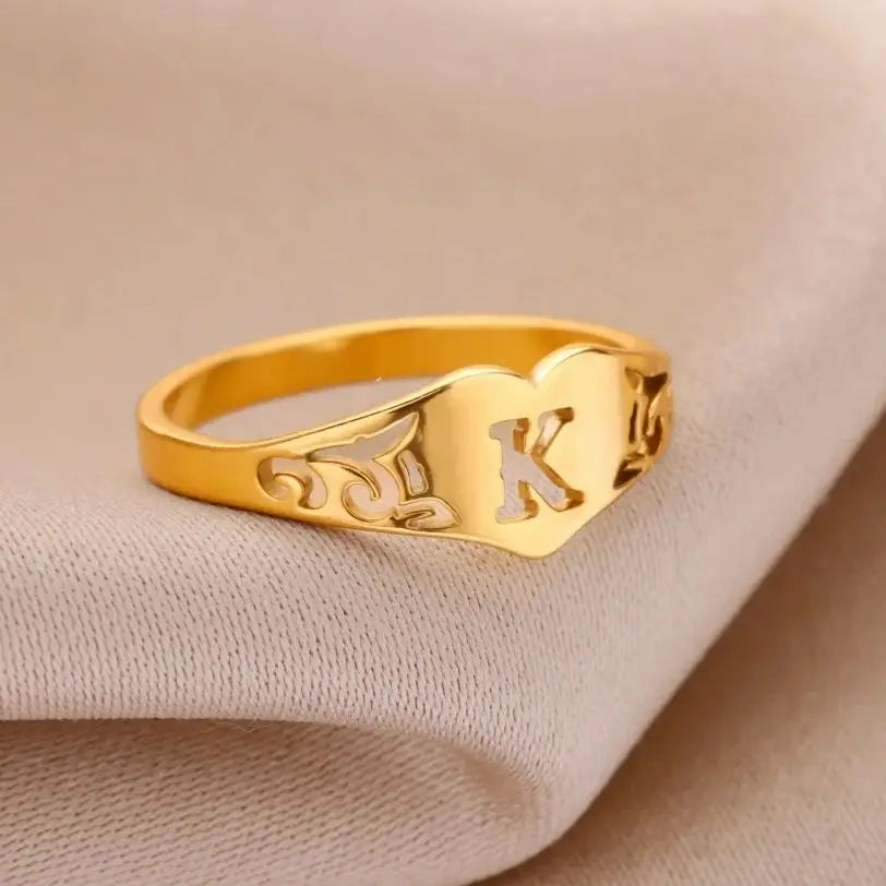 Fashion Hollow Initial Letter Heart Rings For Women Gold Color Stainless Steel A-Z Letter Ring Aesthetic Wedding Jewelry Gift
