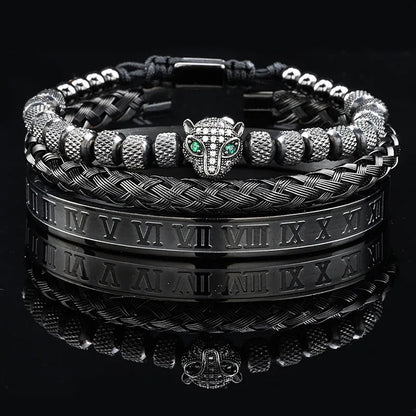 Luxury Black Stone Beads Leopard Head Man Bracelet Enamel Stainless Steel Roman Bangles Women Jewelry Set