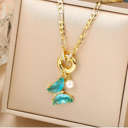 13 Color Cute Insect Butterfly Crystal Pearl Pendant Necklace Luxury for Woman Girl New Fashion Party Aesthetic Jewelry Gift