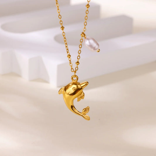 Free Shipping Imitation Pearl Dophin Pendant Necklaces For Women Stainless Steel Chain Necklace Aesthetic Wedding Jewelry Gift