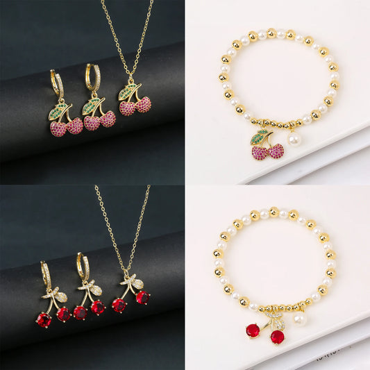 13 Style Choice 3pcs Lucky Red Cherry Crystal Fruit Bracelet Necklace Earrings Jewelry Set Luxury for Women Daily Party Jewelry