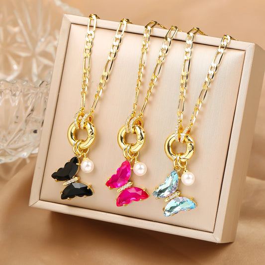 13 Color Cute Insect Butterfly Crystal Pearl Pendant Necklace Luxury for Woman Girl New Fashion Party Aesthetic Jewelry Gift
