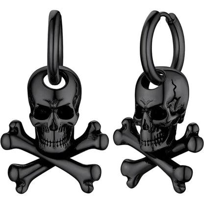 2PCS Hypoallergenic Stainless Steel Vintage Gothic Hollow Three Dimensional Lifelike Skeleton Dangle Huggie Hoop Skull Earrings