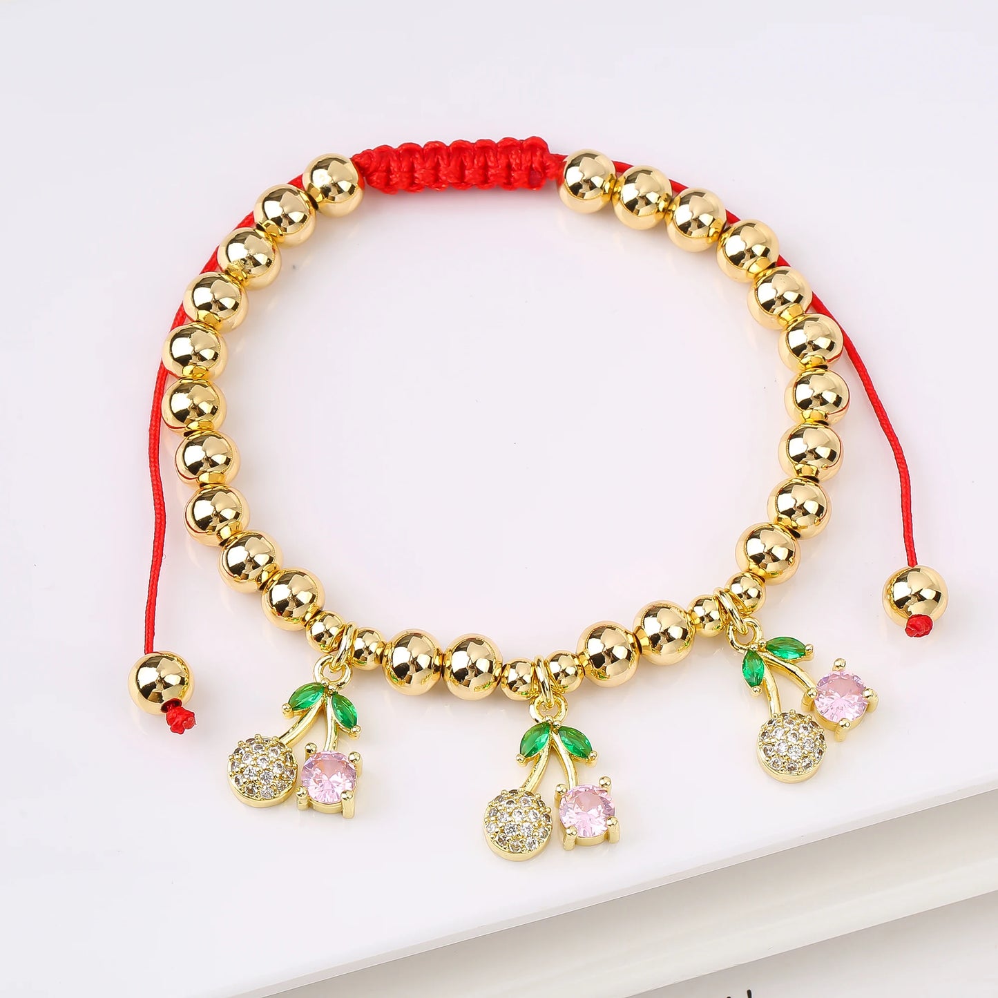 Gold Plated 6mm Copper Bead Chain Braided Fruit Cherry Crystal Adjustable Bracelet New Fashion Woman Girl Daily Wear Jewelry