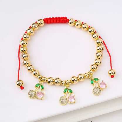 Gold Plated 6mm Copper Bead Chain Braided Fruit Cherry Crystal Adjustable Bracelet New Fashion Woman Girl Daily Wear Jewelry