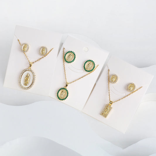 Classic Anti-Allergic Maria Pendant Necklace Set High Quality Zirconia 18K Gold Plated Stud Earrings Women Girls Religious Gifts