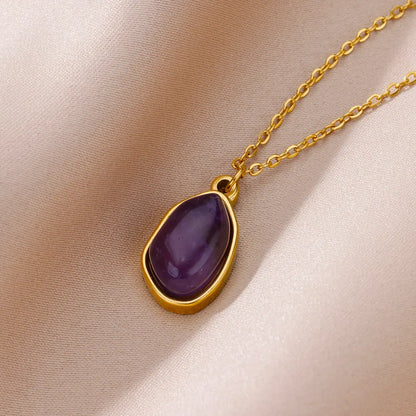 Oval Opal Pendant Necklace For Women Stainless Steel Gold Color Chain Collar Cute Lucky Jewelry Birthday Gift New Free Shipping