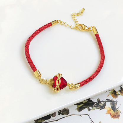 New Arrival Red Heart-Shaped Crystal Gold-Plated Flower Leaf Leather Bracelet Luxury For Women Girls Travel Vacation Jewelry