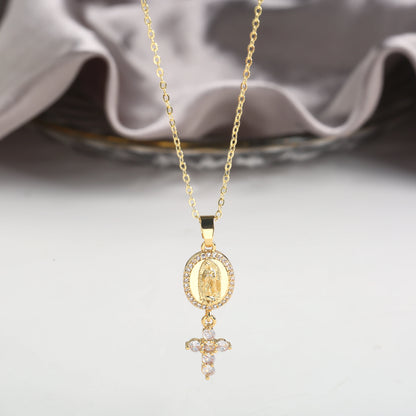 High Quality Bracelet Zirconia Virgin Mary Cross Pendant Necklace Classic for Woman Girl Party Religious Jewelry Accessories