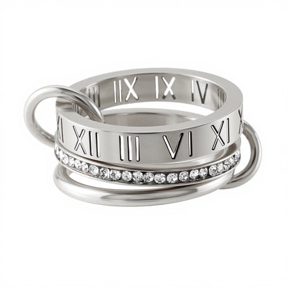 JOVO LOVE Three Layers Roman Numerals Stacking Ring for Women  Stainless Steel Our Fingers Chain Shape Variable Crystal Rings