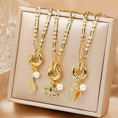 New Creative Shiny Zirconia Conch Flower Wings Theme Pendant Necklace New Fashion Woman Female Vacation Jewelry Accessories