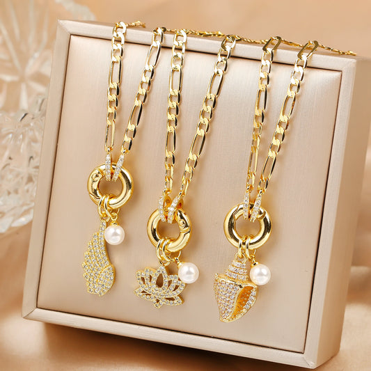 New Creative Shiny Zirconia Conch Flower Wings Theme Pendant Necklace New Fashion Woman Female Vacation Jewelry Accessories