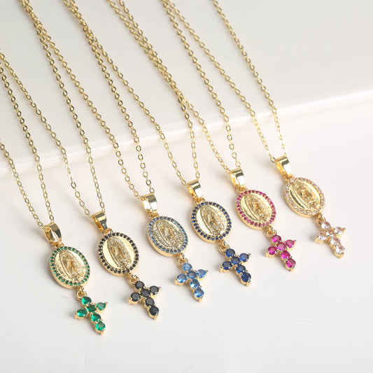 High Quality Bracelet Zirconia Virgin Mary Cross Pendant Necklace Classic for Woman Girl Party Religious Jewelry Accessories