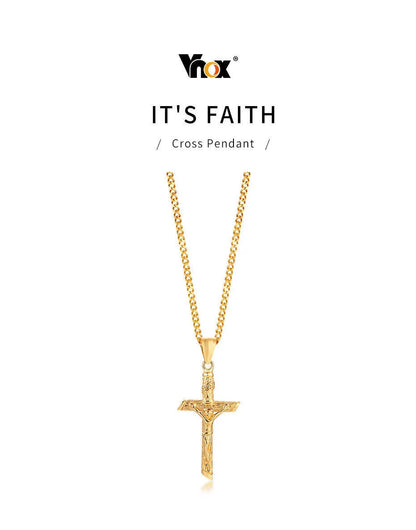 Vnox Cross Necklace for Men Women,Catholicism Jesus Pendant,Gold Color Stainless Steel Unisex Collar,Church Prayer Faith Jewelry