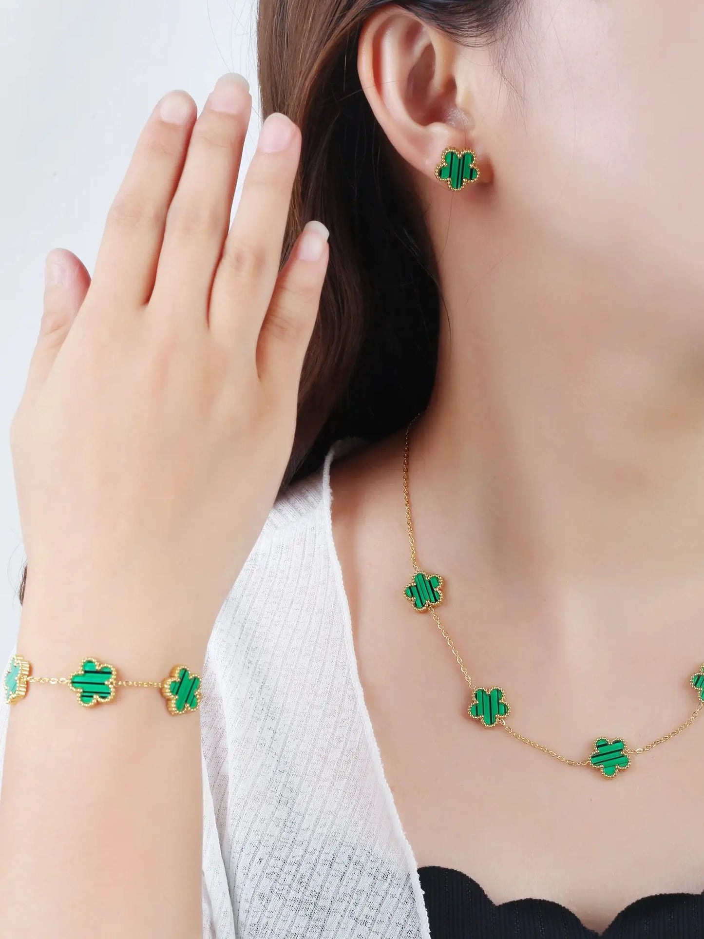 3Pcs Luxury Stainless Steel Five Leaf Flower Jewelry Set Bracelet Necklace Earrings Classic for Women Daily Party Jewelry Clover