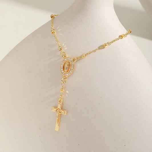 ﻿Y-Shaped Religious Virgin Mary Beaded Necklace for Women, Holy Rosary Cross Jesus Pendant Necklace,Christianity Prayer Jewelry