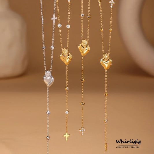 Elegant Stainless Steel Women Necklace Long Cross Pendant Round Zircon Chain Waterproof Luxury Charm Jewelry