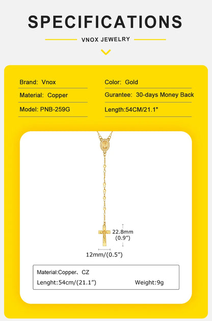 Vnox Virgin Mary Heart Rosary Necklaces for Women Men, Gold Plated Cross Prayer Collar, Long Sweater Chain Necklace