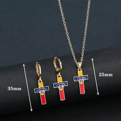 Fashion Venezuela Flag Cross Jewelry Set Classic Cactus Flower Earrings Necklace Charming for Woman Daily Party Jewelry Gift