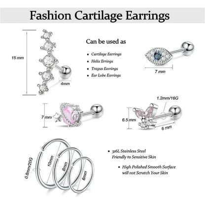 2-16Pcs 16G Cartilage Earring, Hypoallergenic Tragus Conch Helix Studs Earrings Daily Decor Jewelry For Women Men Girls