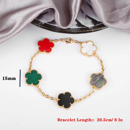 Hot Sale Premium 15mm Natural Stone White Shell Five Leaf Flower Bracelet Gold Silver Lucky bangle For Women Girls Party Daily