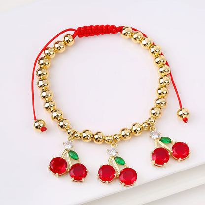 Gold Plated 6mm Copper Bead Chain Braided Fruit Cherry Crystal Adjustable Bracelet New Fashion Woman Girl Daily Wear Jewelry