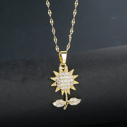 INS Hot Sale Plant Sunflower Crystal Necklace Flower Pendant for Women Girls Casual Party Trend Neck Jewelry Accessories