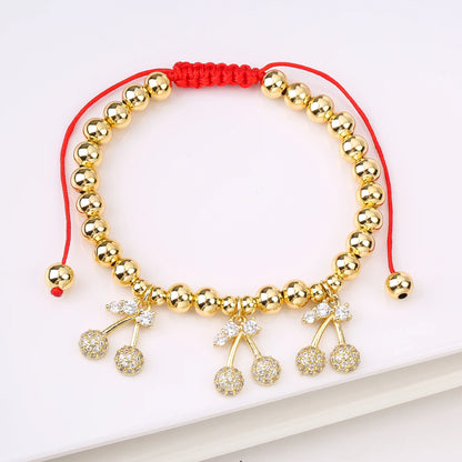 Gold Plated 6mm Copper Bead Chain Braided Fruit Cherry Crystal Adjustable Bracelet New Fashion Woman Girl Daily Wear Jewelry