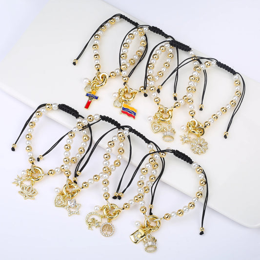 New Trend Crown Star Theme Zircon Bracelet Venezuela Flag Cross Pearl Chain Bracelet Fashion for Woman Girl Daily Wear Jewelry