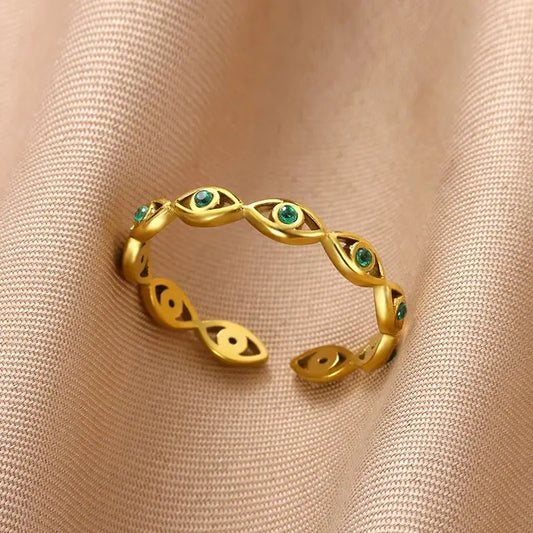 Green Zircon Evil Eye Rings For Women Stainless Steel Gold Color Geometric Open Ring New Wedding Waterproof Fashion Jewelry Gift