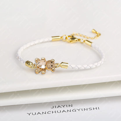 Adjustable Cute Crystal Cubic Zirconia Bear Leather Rope Bracelet Classic for Woman Girl Wrist Jewelry Daily Wear Drop Shipping