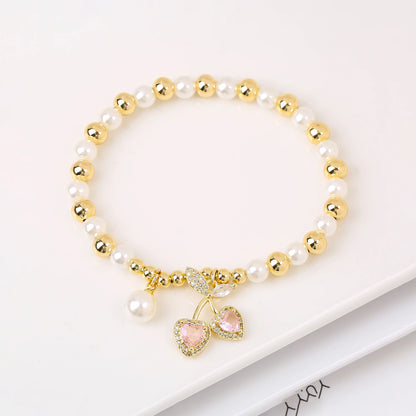 Trendy Crystal Cherry Shape Heart Copper Beads Chain Pearls Bracelet For Women 15 Styles Choice Daily Versatile Jewelry Gift