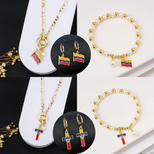 Classic Venezuela Flag Cross Bracelet Earrings Necklace Jewelry Set Luxury for Women Girl Daily Party Pearl Jewelry Gift