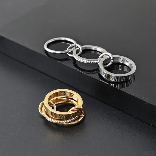 JOVO LOVE Three Layers Roman Numerals Stacking Ring for Women  Stainless Steel Our Fingers Chain Shape Variable Crystal Rings