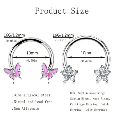 2Pcs 16G Stainless Steel Butterfly Hinged Septum Nose Ring Hoops,BCR Horseshoe Cartilage Daith Helix Rook Conch Piercing Jewelry