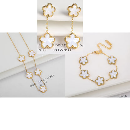 3Pcs Luxury Stainless Steel Five Leaf Flower Jewelry Set Bracelet Necklace Earrings Classic for Women Daily Party Jewelry Clover