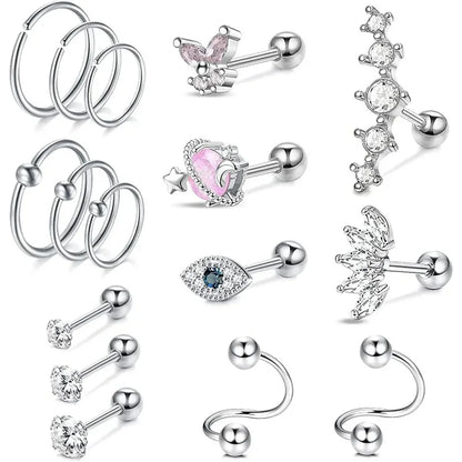 2-16Pcs 16G Cartilage Earring, Hypoallergenic Tragus Conch Helix Studs Earrings Daily Decor Jewelry For Women Men Girls