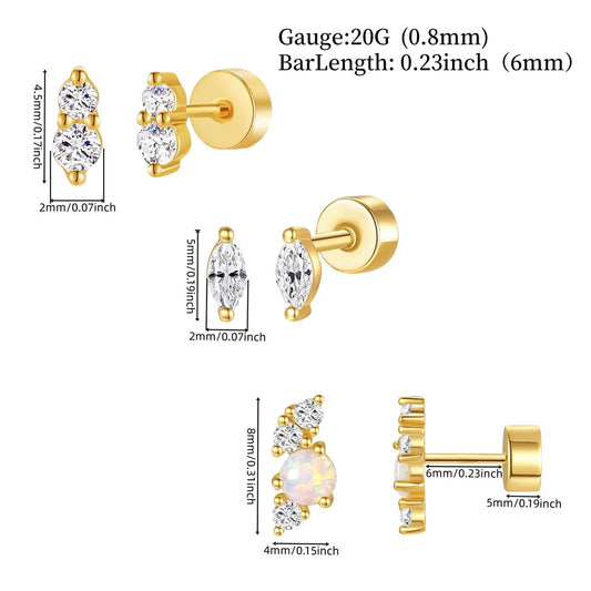2/6Pcs 20G 18K Golden Plated Tiny Cubic Zerconia Opal Flat Back Stud Ear,Hypoallergenic Cartilage Tragus Helix Earring