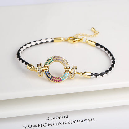Trendy Colored Round Zirconia Accessory Leather Braided Adjustable Bracelet High Quality Party Holiday Jewelry Gift For Women