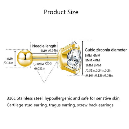 2/6/12pcs 20G Inlaid Cubic Zirconia Stud Earrings,Stainless Steel Screw Back Barbell Studs Daith Tragus Cartilage Earrings