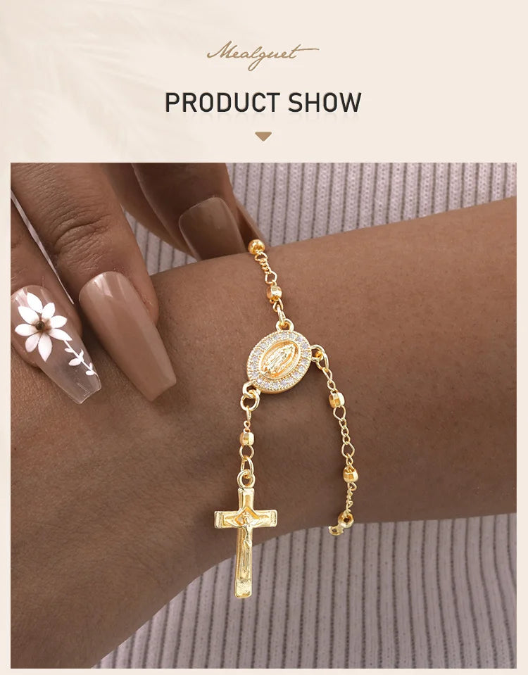 Catholic Cubic Zirconia Rosary Cross Beaded Link Bracelets, Oval Jesus Coss Jewelry, Religion Gold Plated Bracelet