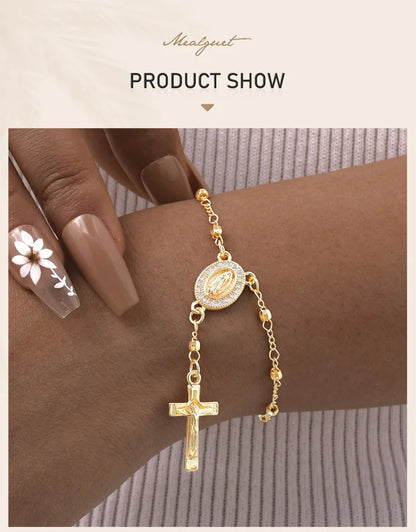 Catholic Cubic Zirconia Rosary Cross Beaded Link Bracelets, Oval Jesus Coss Jewelry, Religion Gold Plated Bracelet